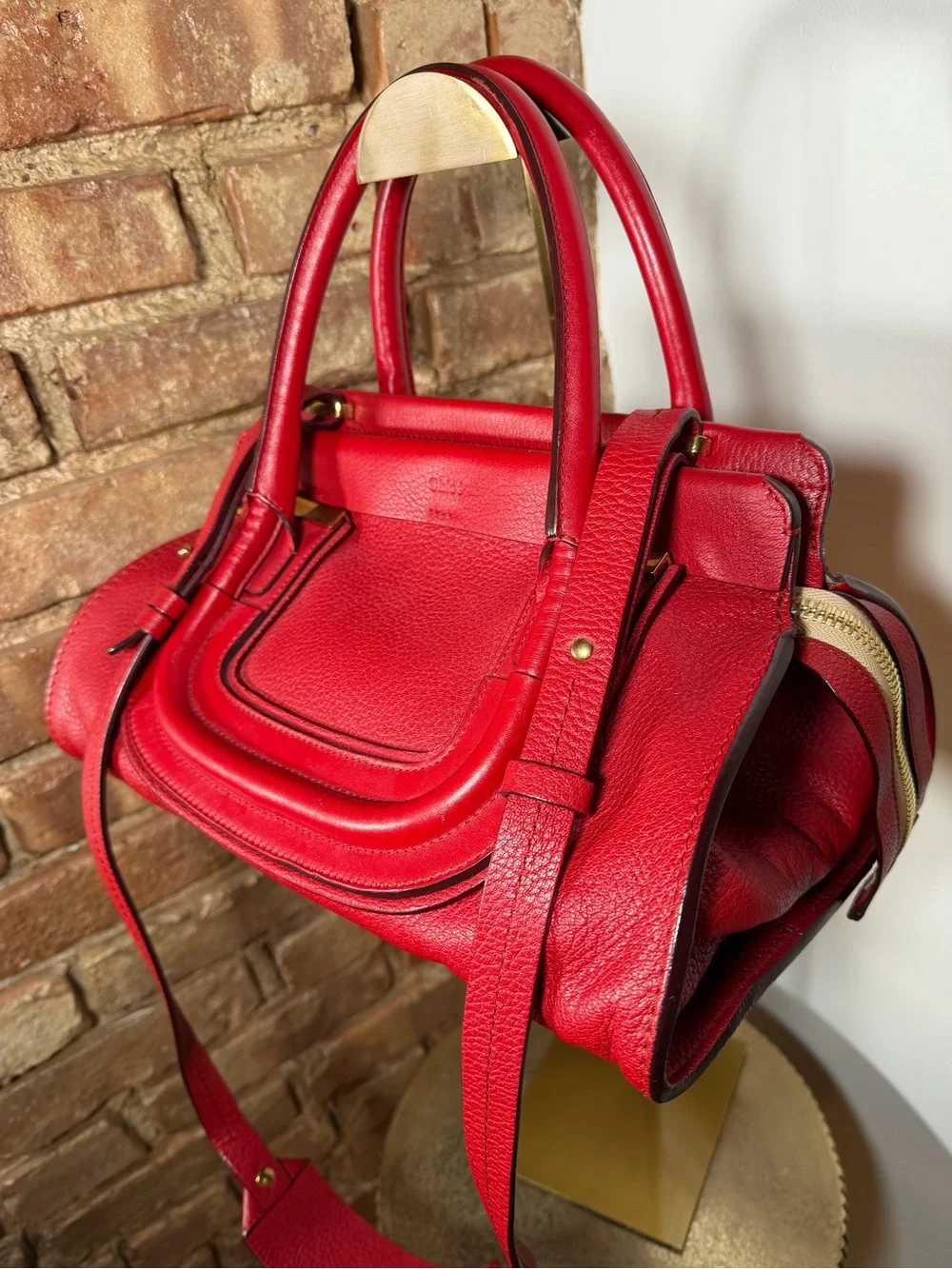 Chloé Everston Medium Red Leather Satchel Top Handle Shoulder Crossbody Bag